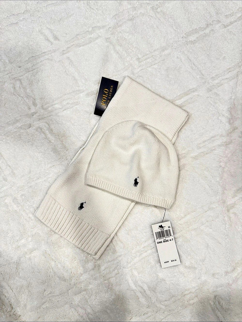 Ralph Lauren Matching Knit Scarf & Beanie in White NWT